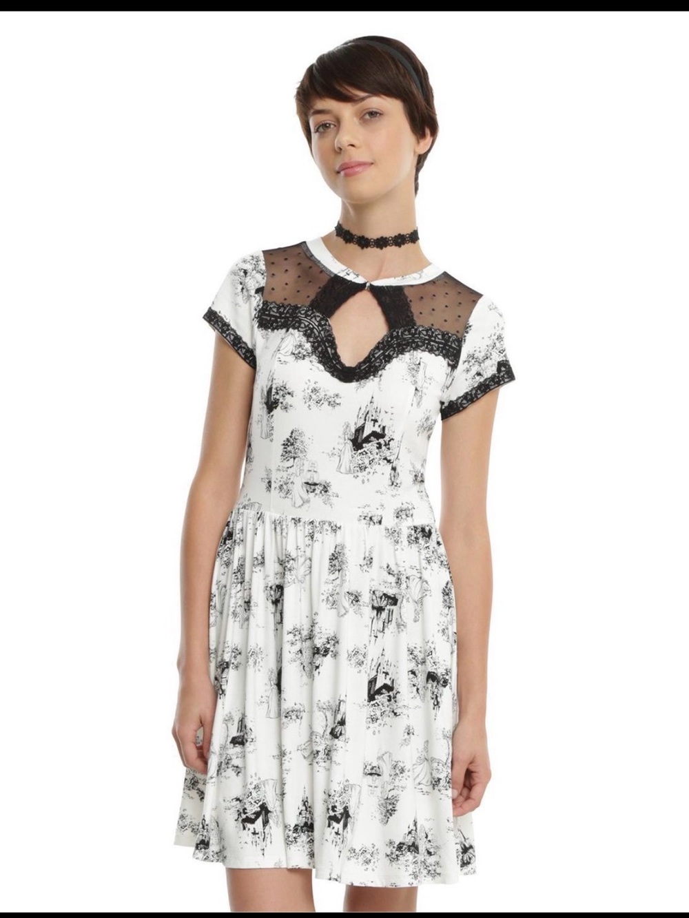 Disney Toile Print Skater Dress XL Black White Castle Mesh Lace